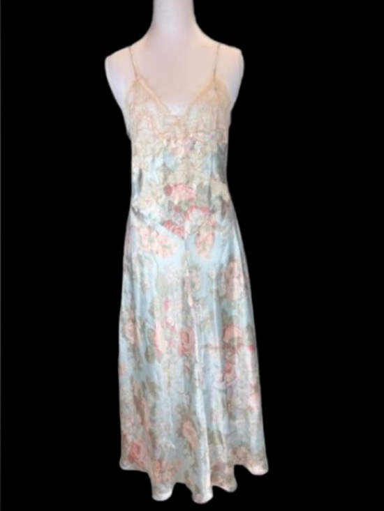 Victoria's Secret Other - Vintage Victoria’s Secret Long Satin Slip Dress Floral Lace Trim Gold Label S